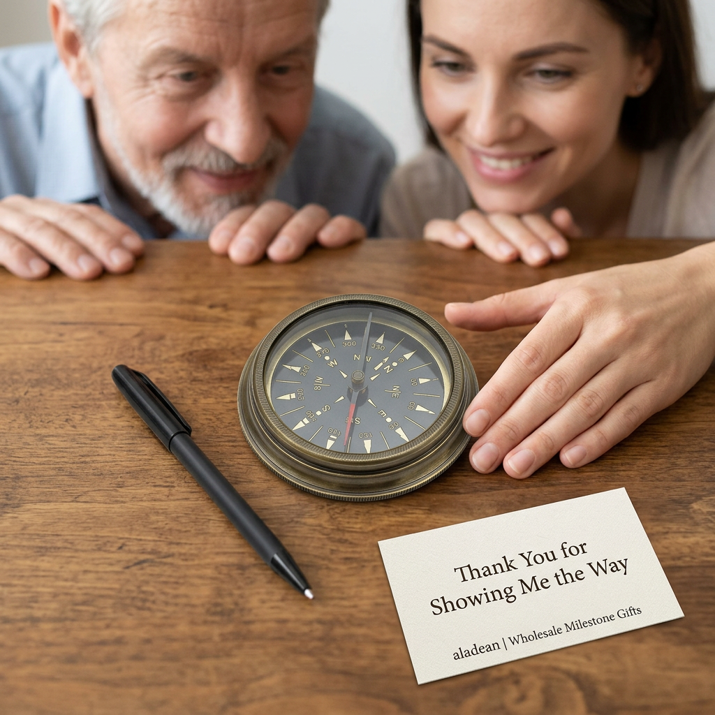 Father and daughter with original compass on desk