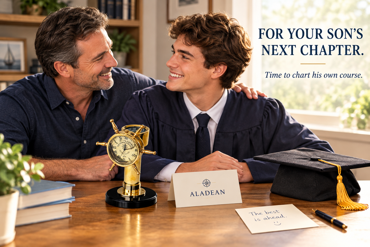 Father and son graduation gifting banner featuring the Aladean brass shipwheel clock