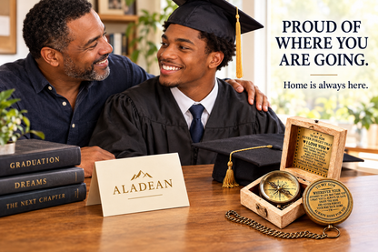Father presenting an engraved compass and wooden box to his graduating son