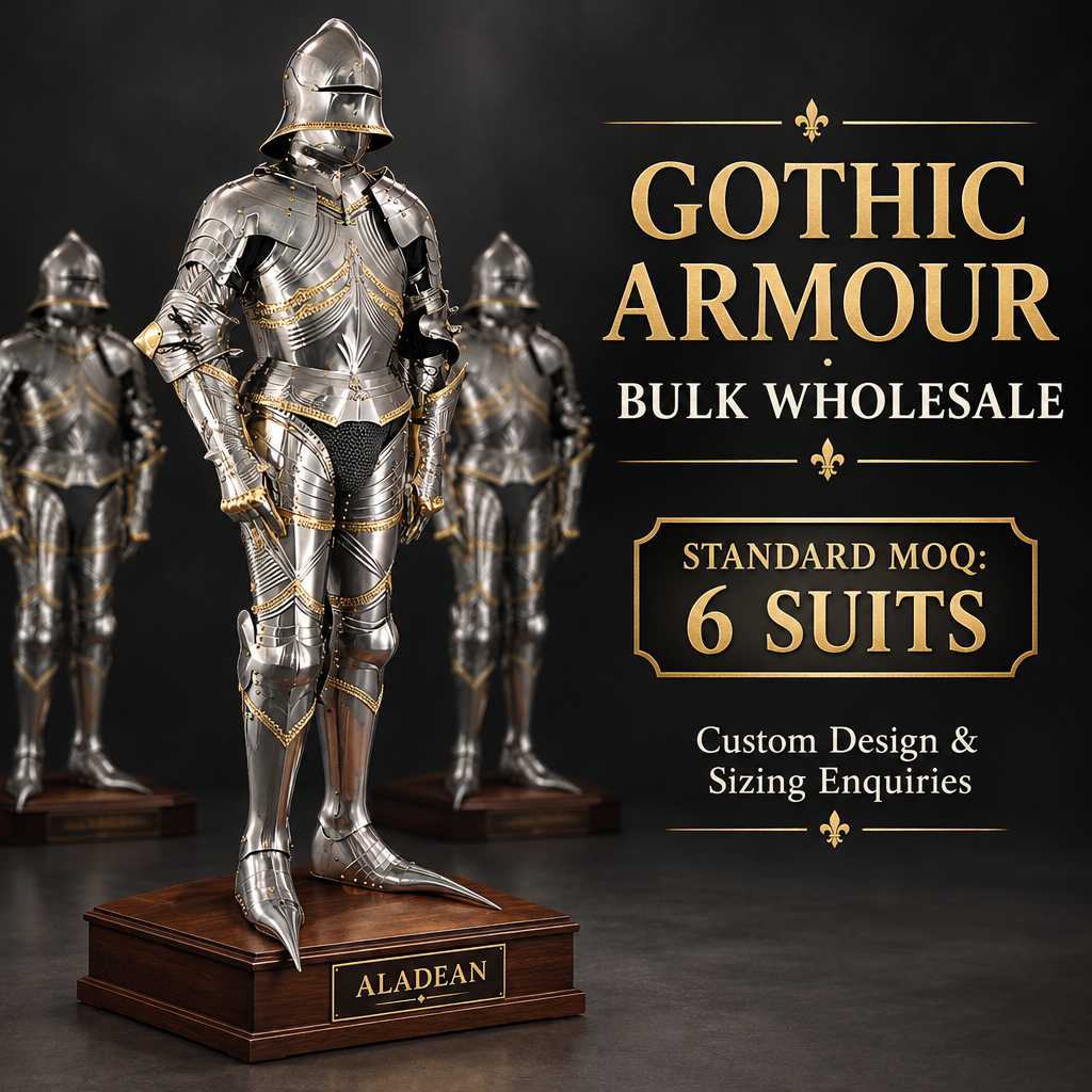 German Gothic full steel armour with gold-toned trim for Aladean wholesale orders of six suits