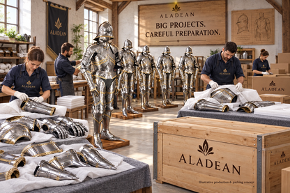 German Gothic steel armour components prepared with protective packing for Aladean bulk orders