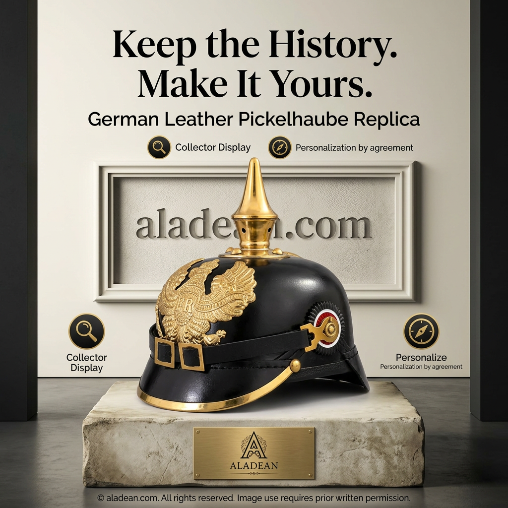 German leather Pickelhaube retail product ad