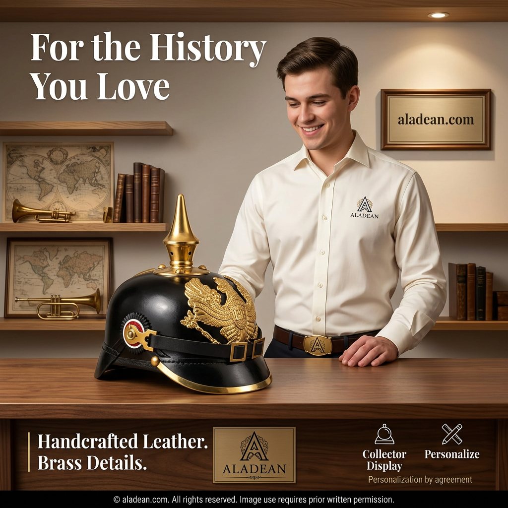 German leather Pickelhaube retail showroom ad