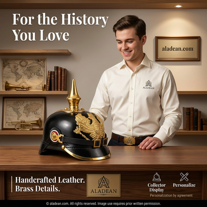 German leather Pickelhaube retail showroom ad