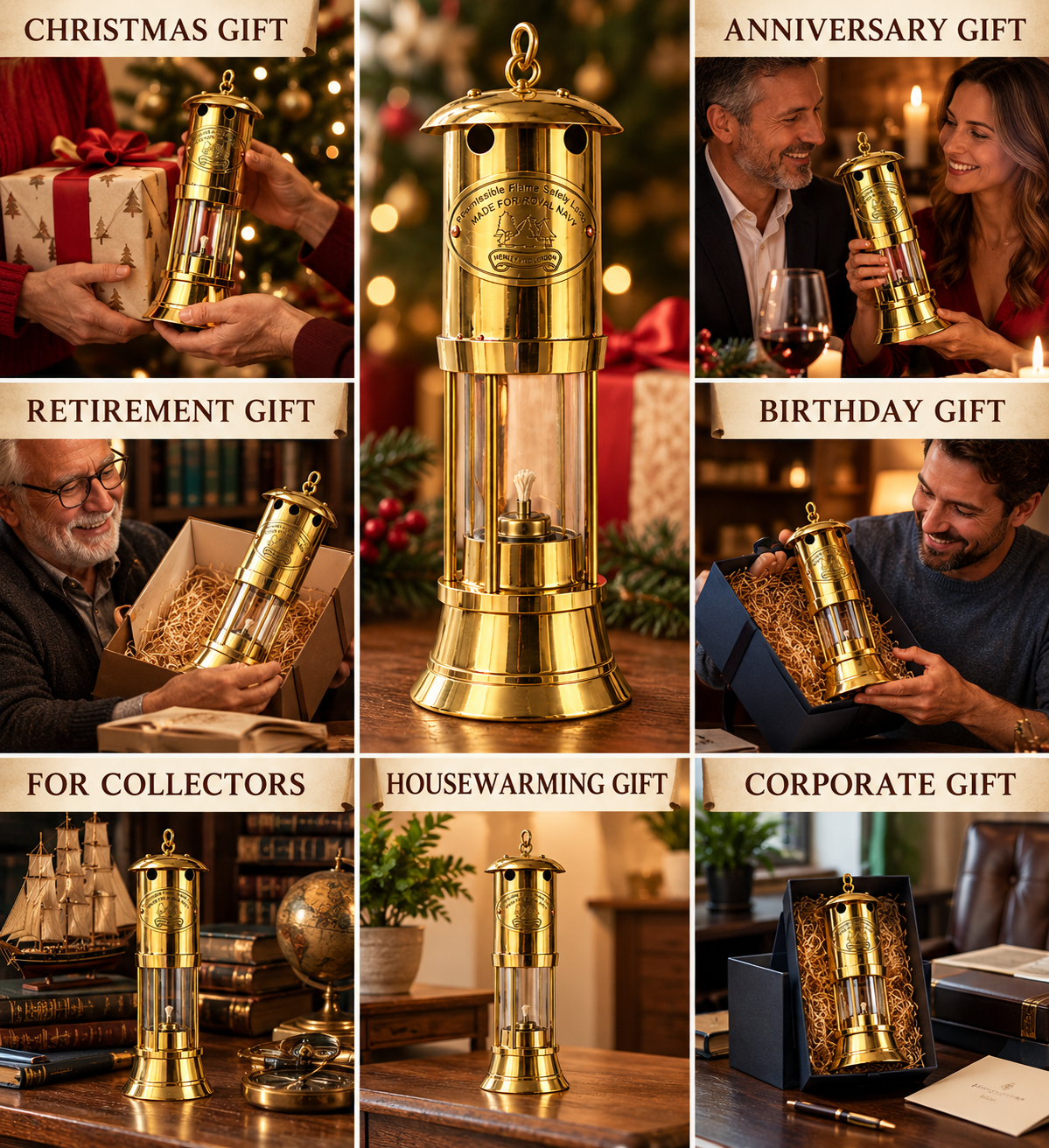 A collage of six promotional panels showing a brass lantern gift set in different gift scenarios: Christmas, anniversary, retirement, birthday, for collectors, and housewarming/corporate gifts. The central panel shows the lantern alone on a table with wood shavings inside, while the surrounding panels show people receiving or holding the lantern in festive or home settings.