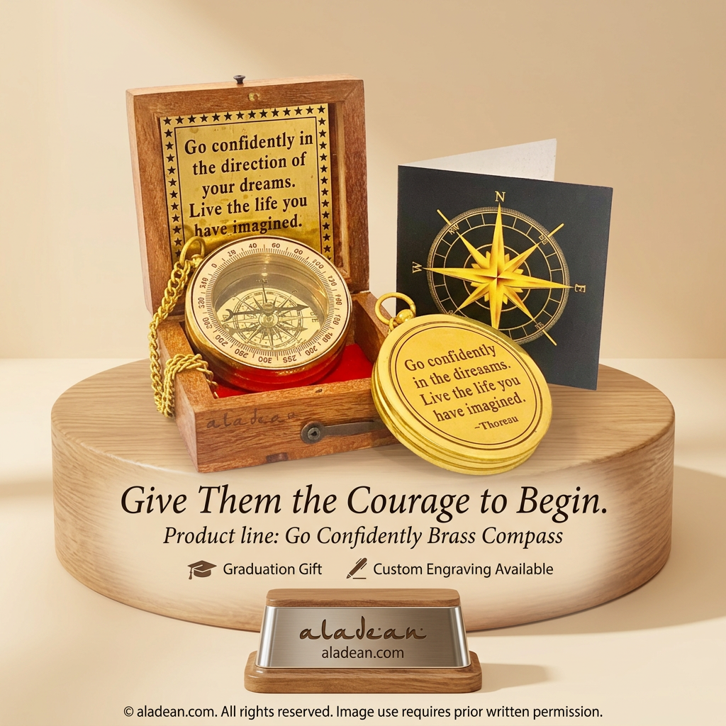 Go Confidently brass compass with wooden box