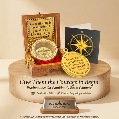 Go Confidently brass compass with wooden box