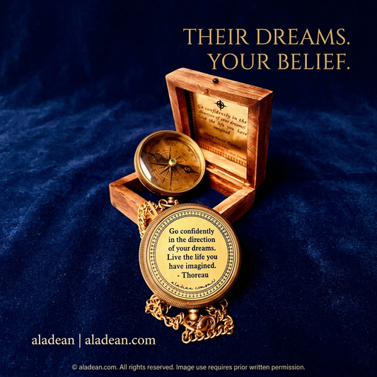 Go Confidently brass compass with wooden box