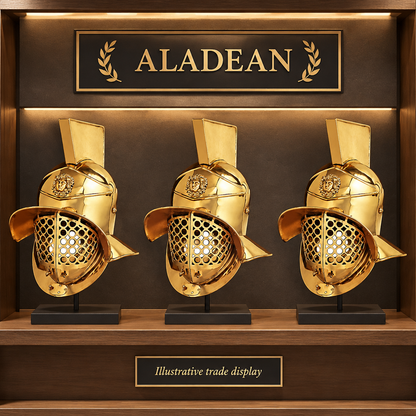 Gold-toned gladiator helmets on an illustrative wholesale trade display