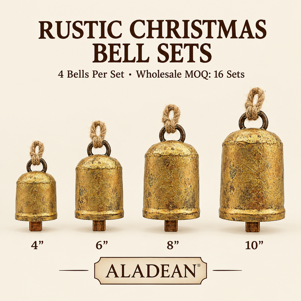 Graduated straight-sided rustic Christmas bells labeled 4, 6, 8 and 10 inches for Aladean wholesale