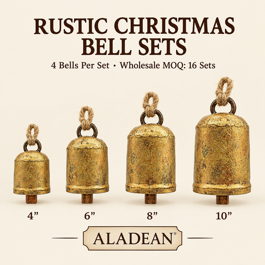 Graduated straight-sided rustic Christmas bells labeled 4, 6, 8 and 10 inches for Aladean wholesale