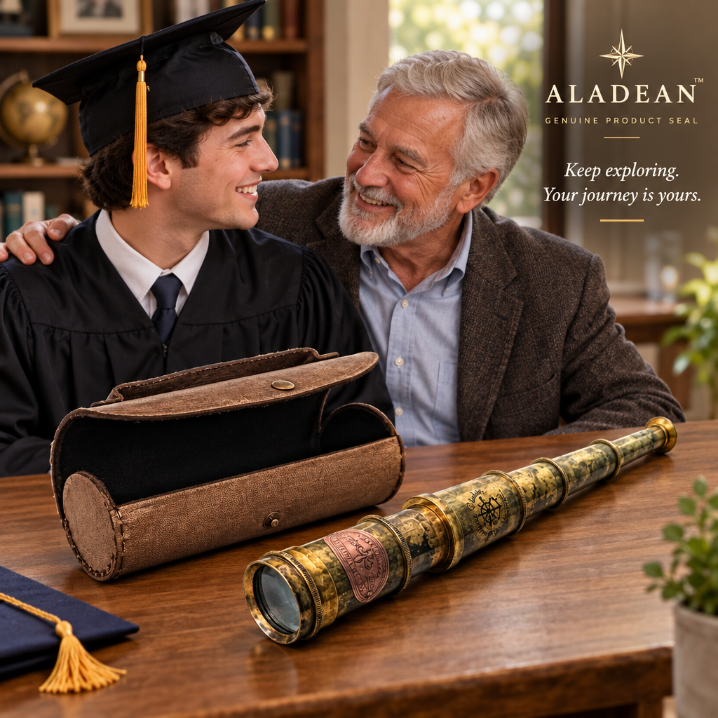 Grandfather and grandson celebrating graduation with a brass spyglass gift