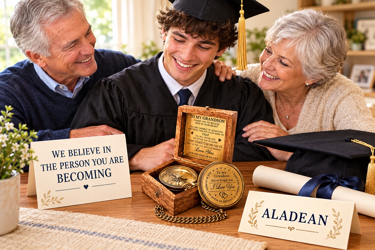 Grandparents presenting a brass compass keepsake to their graduating grandson