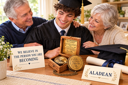 Grandparents presenting a brass compass keepsake to their graduating grandson