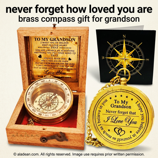 Grandson gift brass compass with wooden box