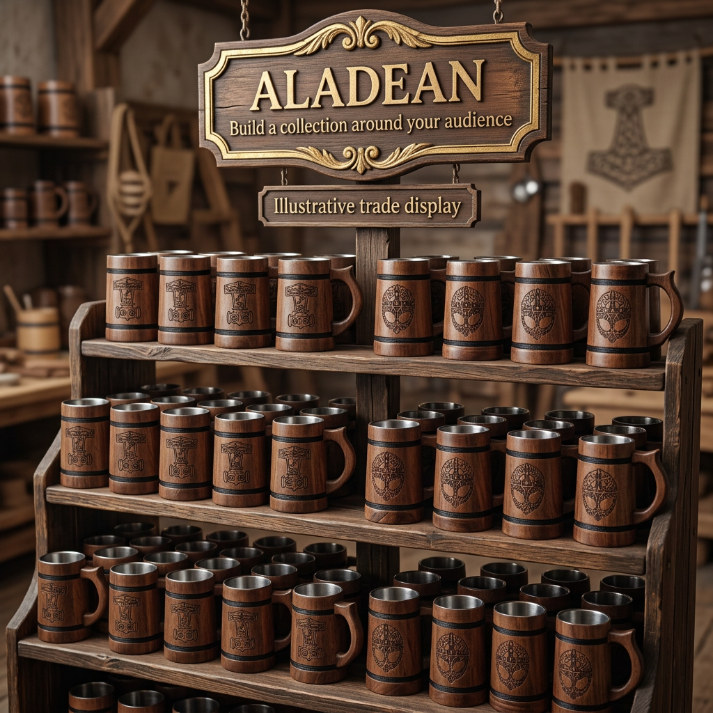 Hammer and helmet wooden tankards in an illustrative trade display