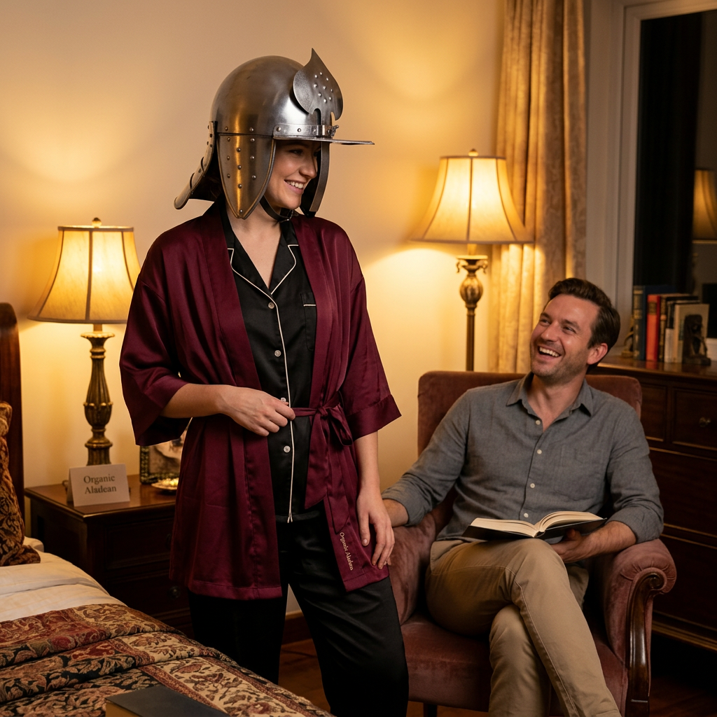 Hussar helmet playful adult couple evening scene
