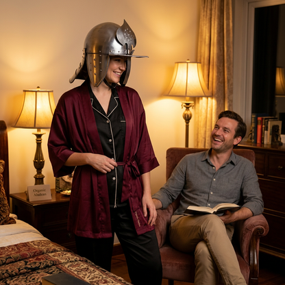 Hussar helmet playful adult couple evening scene