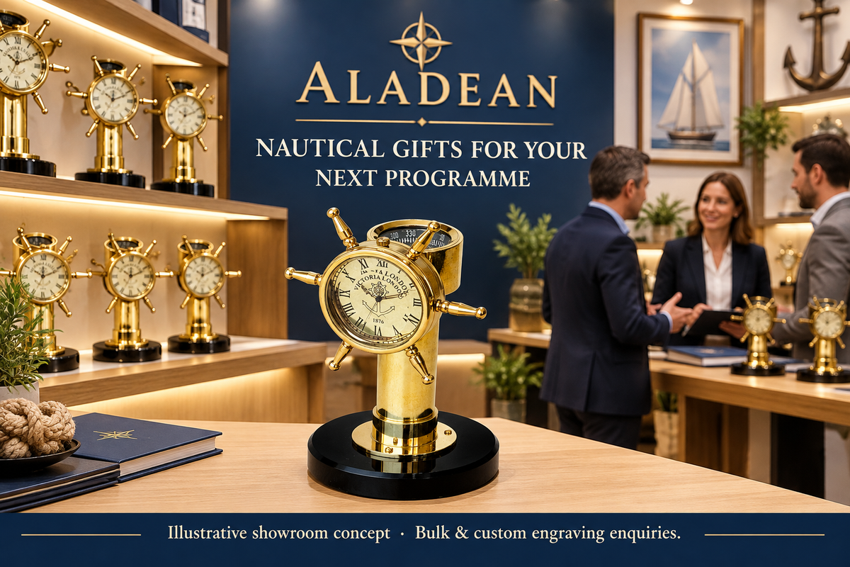 Illustrative Aladean trade showroom featuring brass shipwheel desk clocks