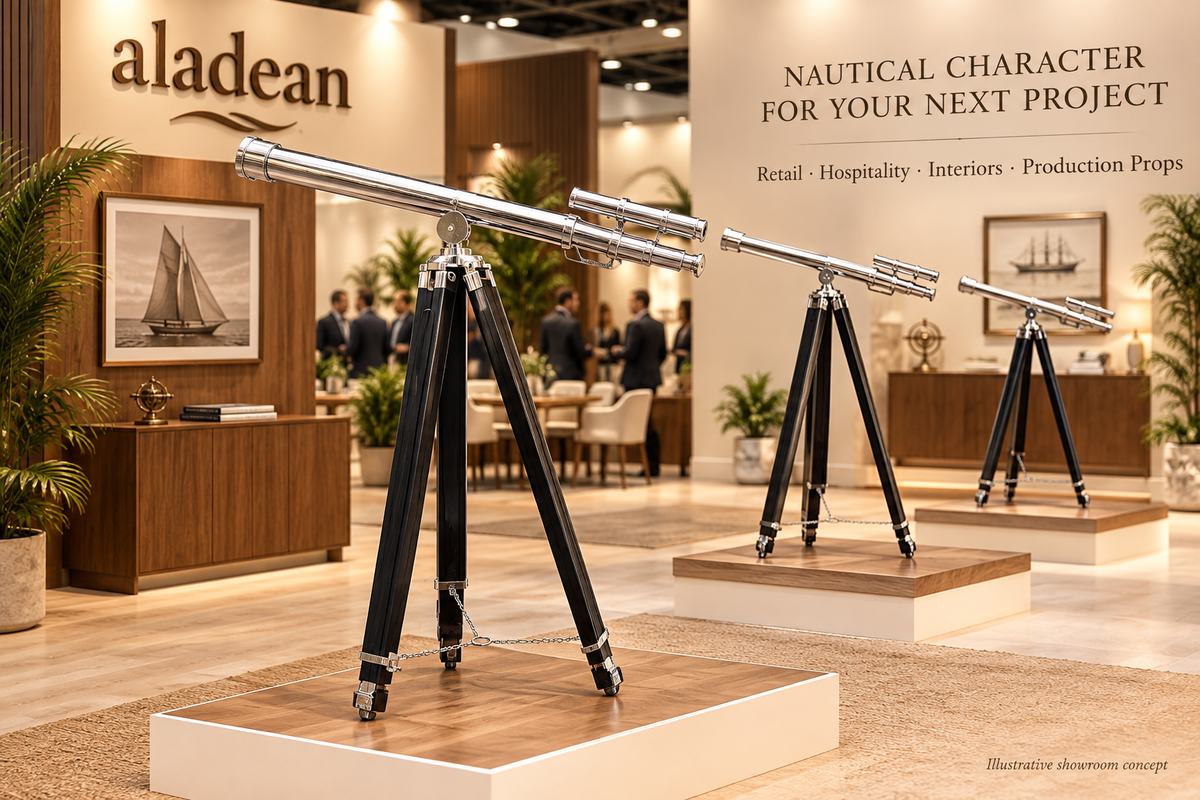 Illustrative Aladean tripod telescope showroom