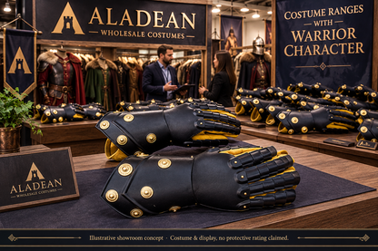 Illustrative Aladean wholesale costume showroom with medieval gauntlets