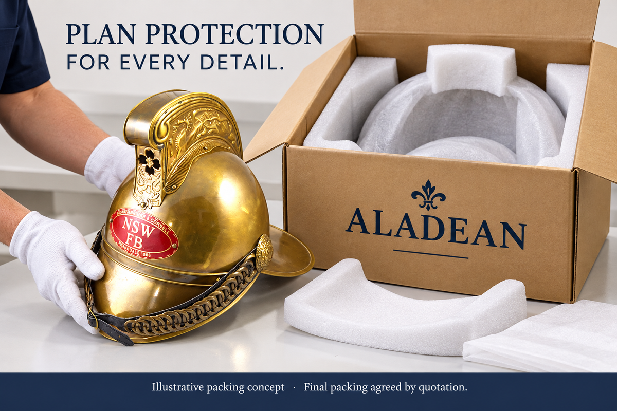 Illustrative protective packing concept for a brass fireman helmet