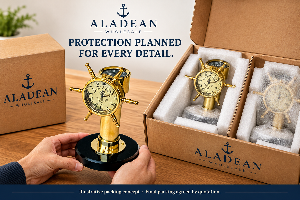 Illustrative protective packing concept for wholesale brass shipwheel desk clocks