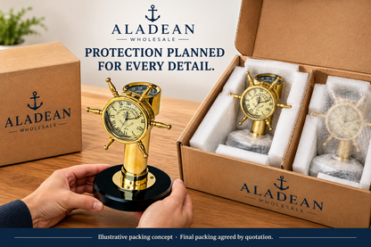 Illustrative protective packing concept for wholesale brass shipwheel desk clocks