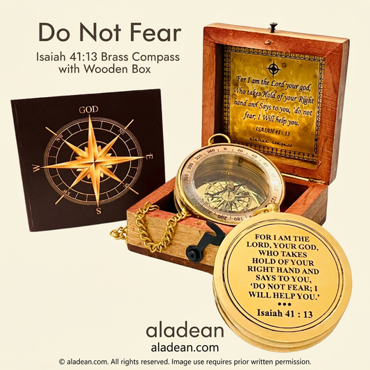 Isaiah 41:13 brass compass with wooden box