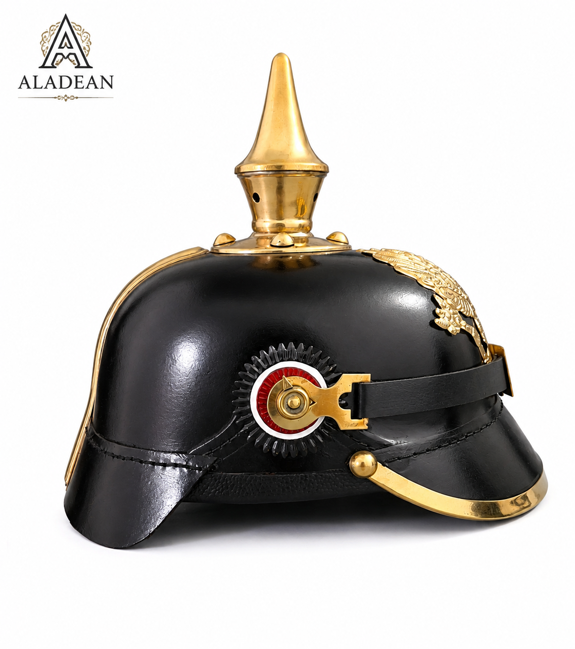 German Pickelhaube Leather Helmet 1856–57 | Prussian Pickelhelm WWI WWII Military Replica with Brass Spike & Wappen