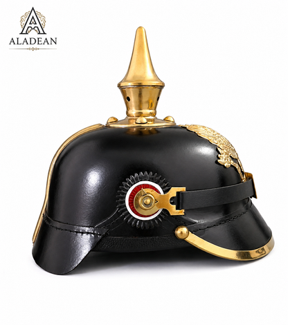 German Pickelhaube Leather Helmet 1856–57 | Prussian Pickelhelm WWI WWII Military Replica with Brass Spike & Wappen