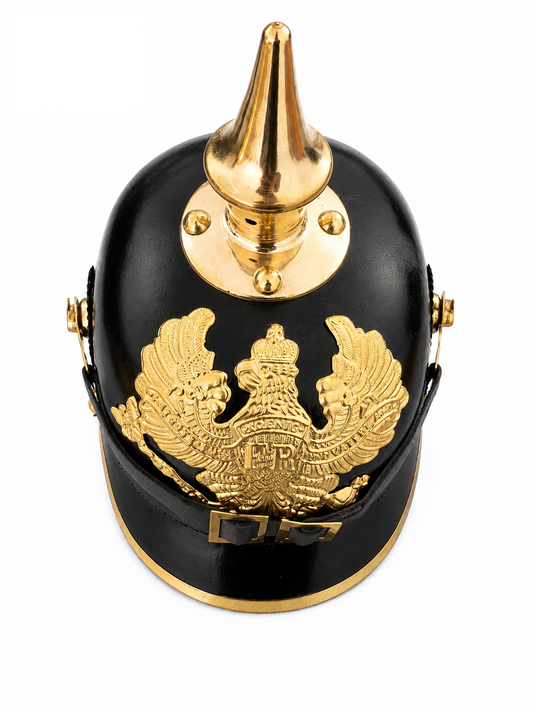 German Pickelhaube Leather Helmet 1856–57 | Prussian Pickelhelm WWI WWII Military Replica with Brass Spike & Wappen