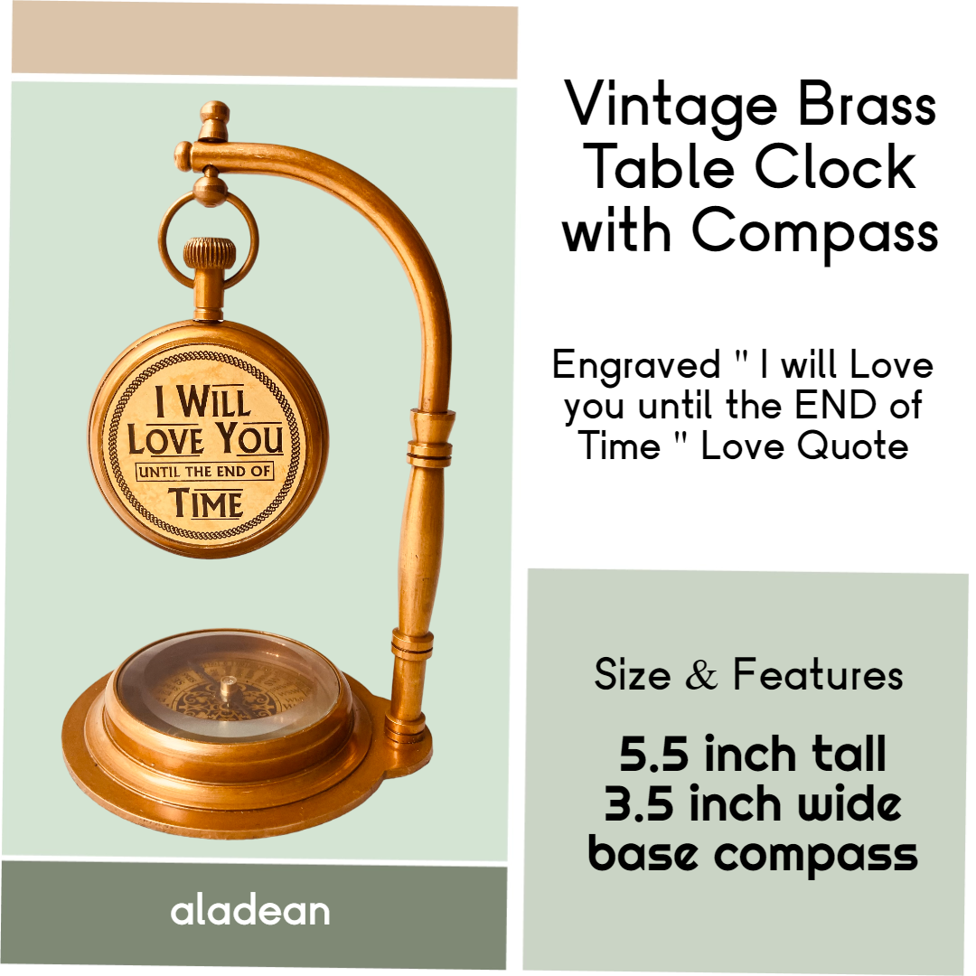 Vintage Desk Watch with Compass - Engraved Romantic Love Quote