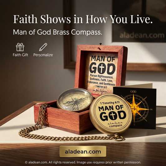 Man of God brass compass with wooden box