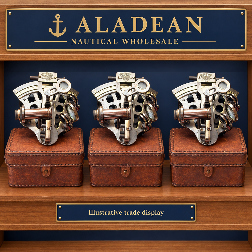 Maritime sextants with carrying cases on an illustrative trade display