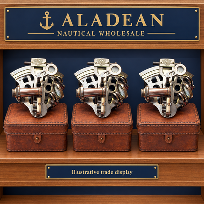 Maritime sextants with carrying cases on an illustrative trade display