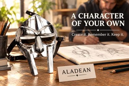 Metal gladiator face mask displayed in a creative collector’s studio