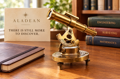 Miniature brass alidade displayed on a home study desk