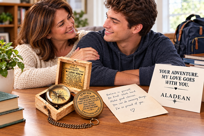 Mother giving her adult son a brass compass keepsake before college