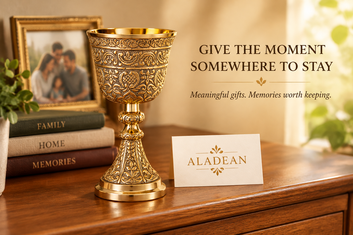 Ornate brass chalice displayed beside family memories as a decorative keepsake