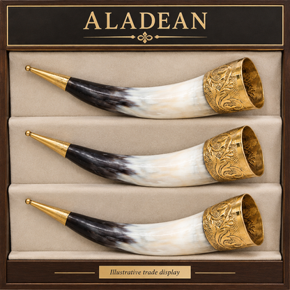 Ornate brass-trimmed Viking horns on an illustrative trade display