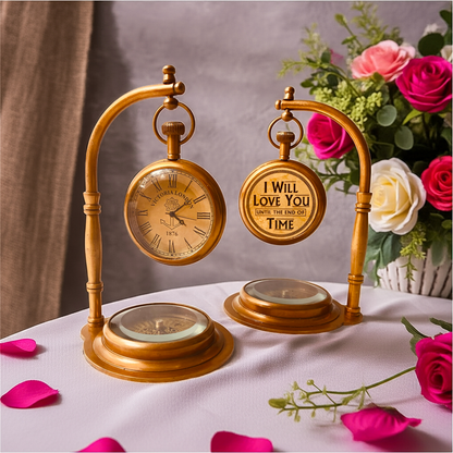 Anniversary Gift Vintage Desk Clock with Compass - Engraved Romantic Love Quote