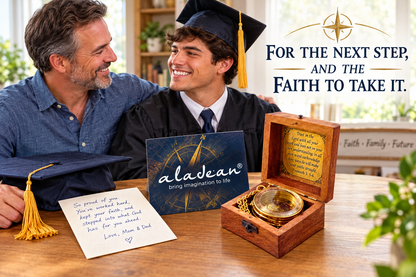 Parent presenting a Trust in the Lord compass as a Christian graduation gift