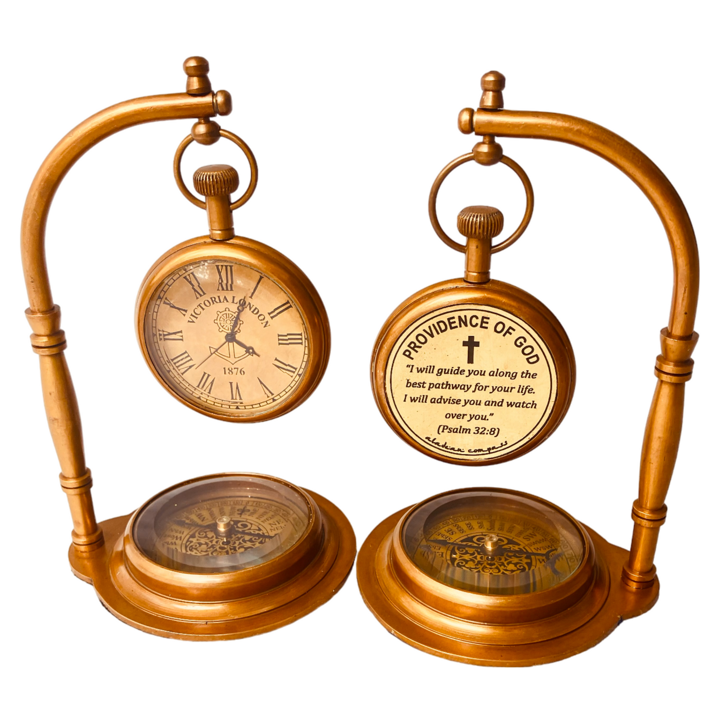 Horloge de bureau vintage avec boussole – Citation religieuse gravée