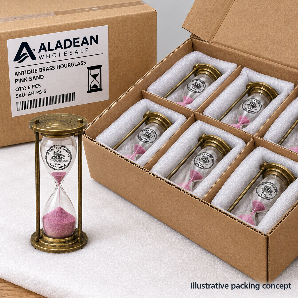 Pink-sand brass hourglasses in an illustrative wholesale packing concept