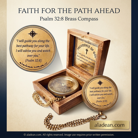 Psalm 32:8 brass compass with wooden box