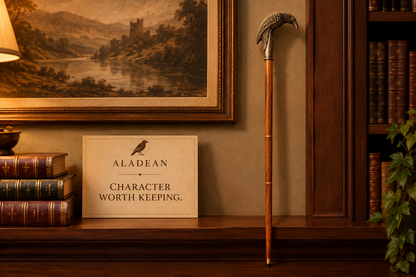 Raven handle wooden cane displayed in a home study