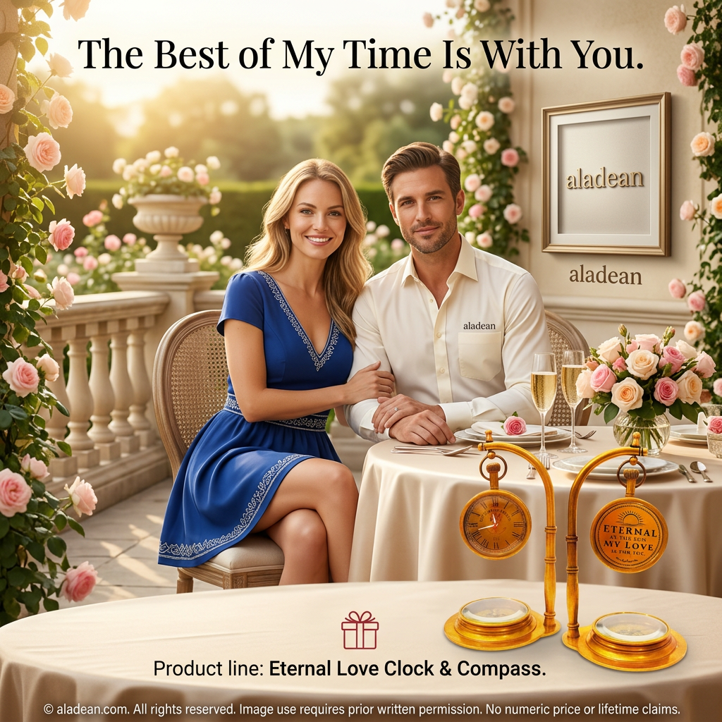 Romantic brass table clock with compass base