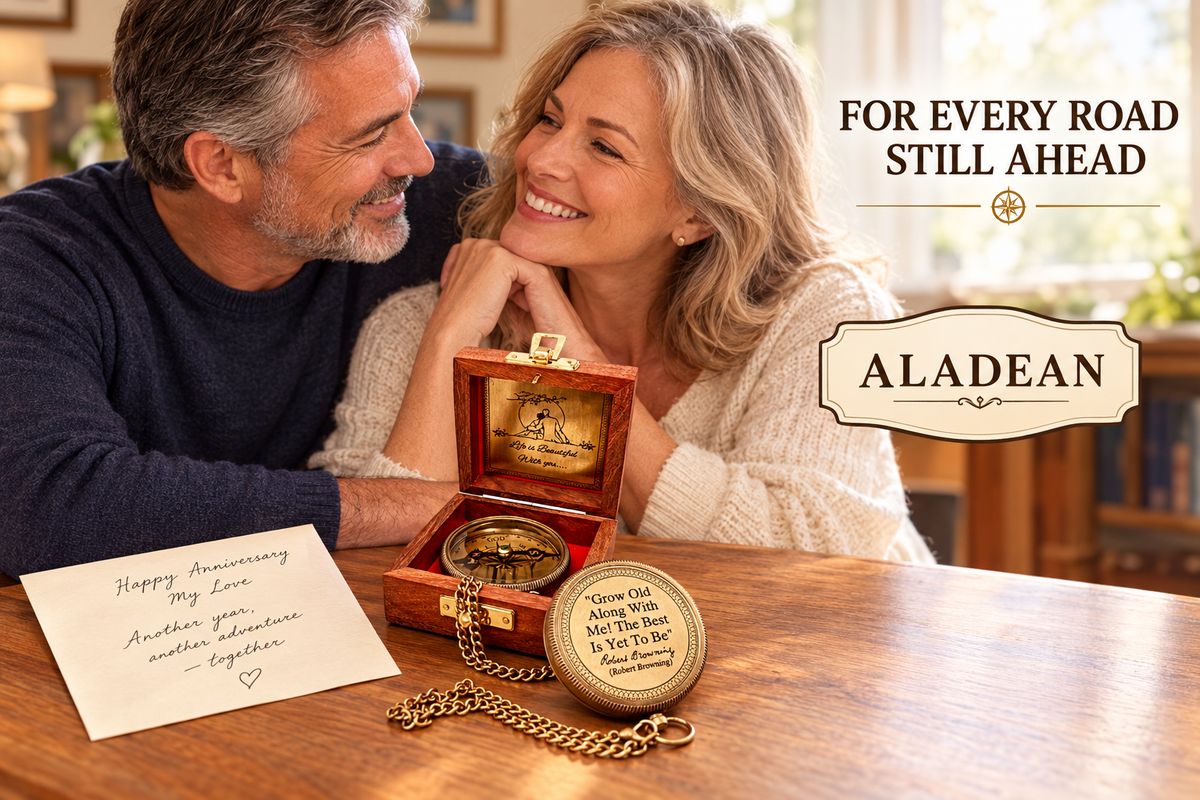 Romantic compass keepsake presented as an anniversary gift for a couple