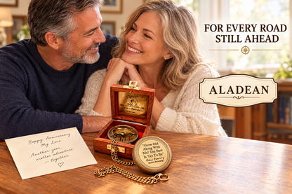 Romantic compass keepsake presented as an anniversary gift for a couple
